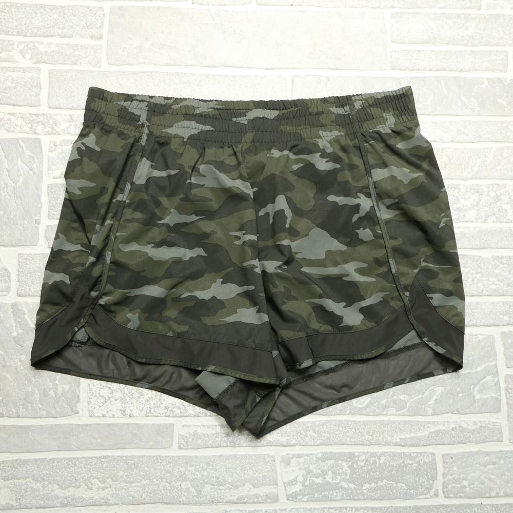 Athleta Printed Mesh Racer Run Shorts Womens 1X Green‎ Camo Athletic Running